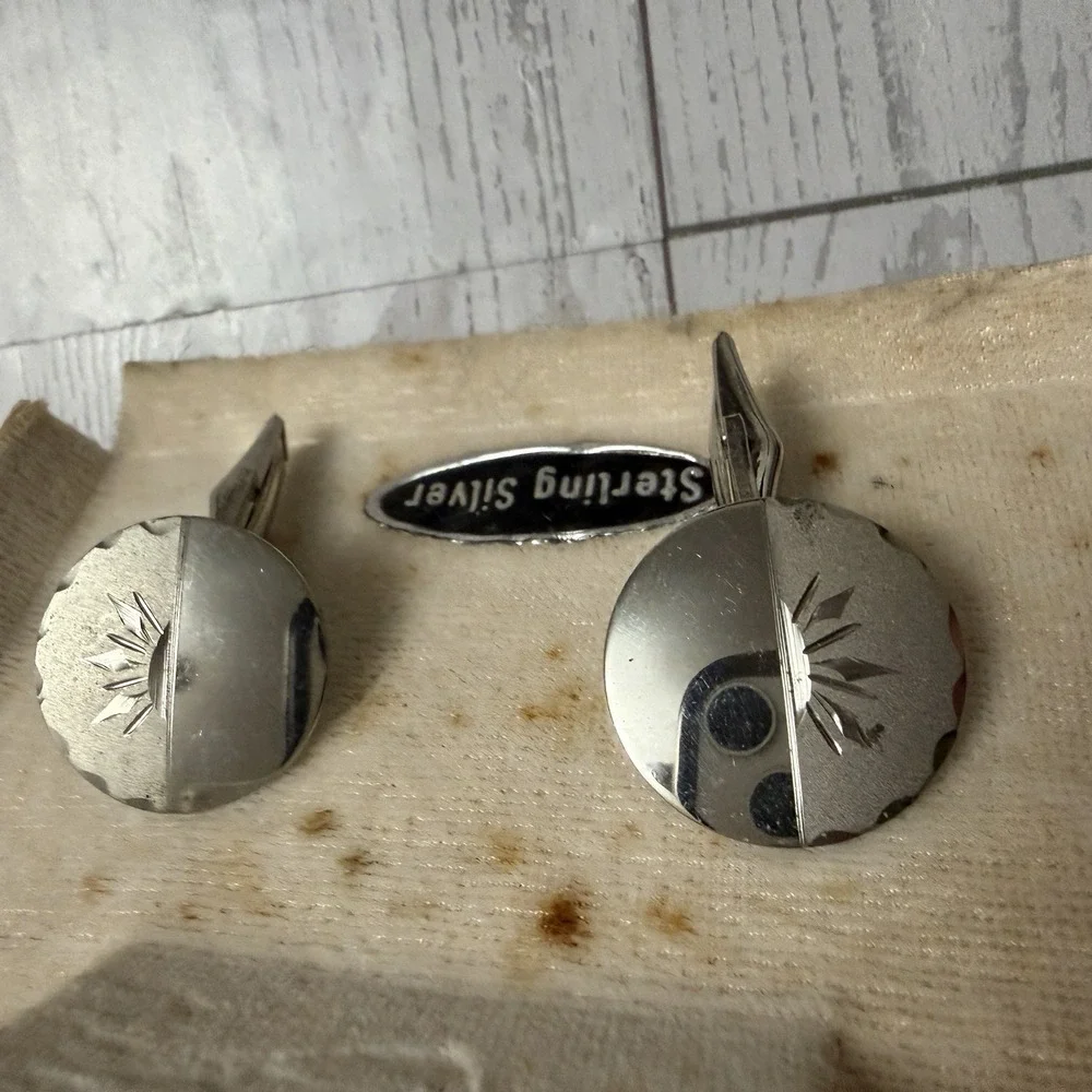 New Vintage Sterling Silver Cufflinks Tie Tack‎ Set MCM 40s 50s Atomic Starburst